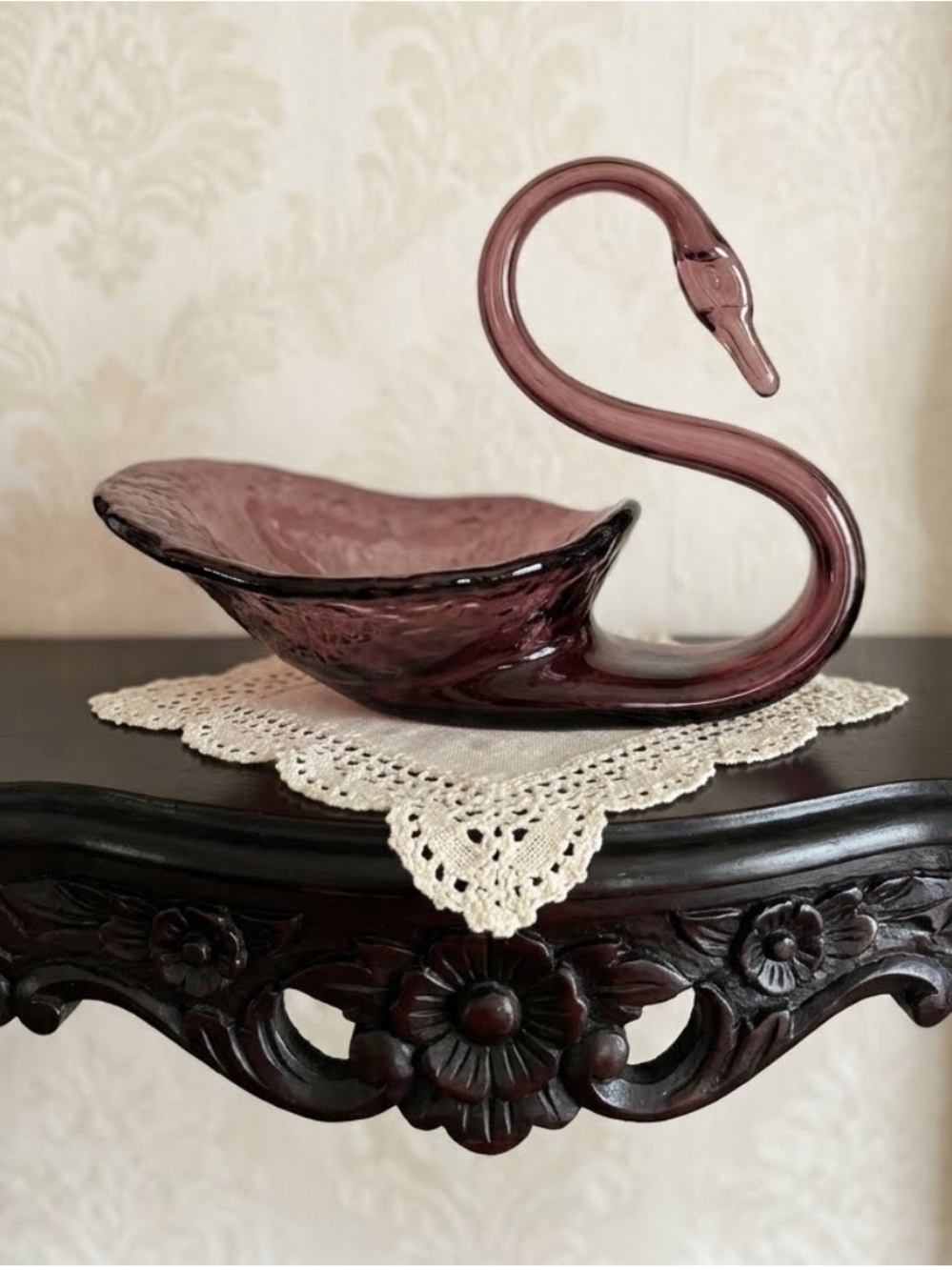 Vintage Amethyst Glass Swan Bowl
Mid Century Candy Trinket Dish Decor